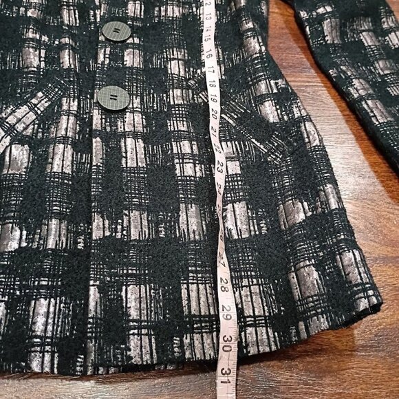 Samuel Dong Black & Mauve Plaid Coat S With Puff Sleeves  Button Front - Picture 9 of 11